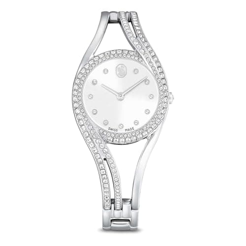 Swarovski Hyperbola Armreifuhr, Silberfarbene, Analoge Armbanduhr im Edelstahl-Design mit 176 Klaren Kristallen im Princess- und Rundschliff, Armbandlänge 13.3-18.7 cm, Armbandbreite 1.1 cm
