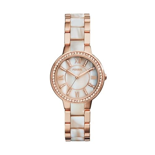 Fossil Virginia Uhr für Damen, Quarzwerk mit Edelstahl- oder Lederarmband, Roségoldton und Perlton mit Glitter, 30MM