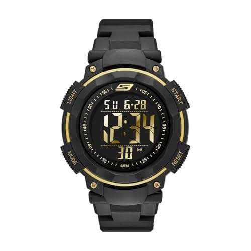 Skechers Herrenuhr Ruhland, Digitales Uhrwerk, 45mm Schwarzes, goldenes Polycarbonatgehäuse mit PolyurethanArmband, SR1019