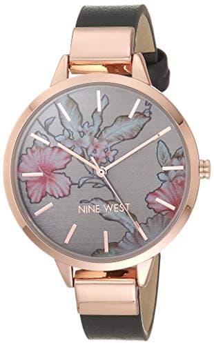 NINE WEST Women's Floral Dial Strap Watch Grey/Rose Gold