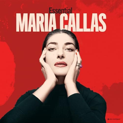 Albumcover „Essential Maria Callas“ mit Frauenporträt, Hände am Gesicht, roter Hintergrund