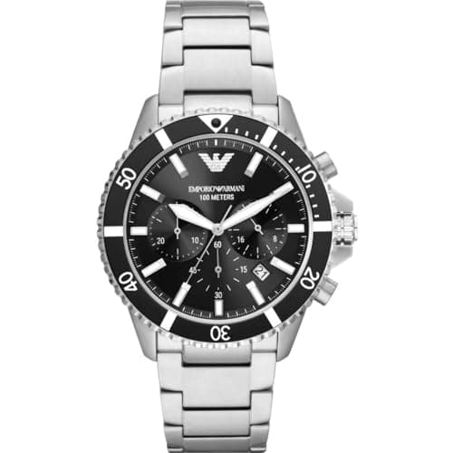 Emporio Armani Uhr für Herren, Chronographenwerk, 43mm Silbernes Edelstahlgehäuse mit Edelstahlarmband, AR11360