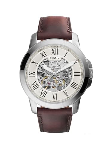 Fossil Herrenuhr Grant, mechanisches Automatikwerk, 45mm Silbernes Edelstahlgehäuse mit Lederarmband, ME3099