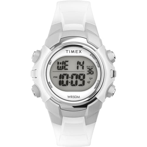 Timex Sport Unisex-Armbanduhr, 33 mm, weißes Kunstharzarmband, digitales Zifferblatt, silberfarbenes Gehäuse TW5M61500