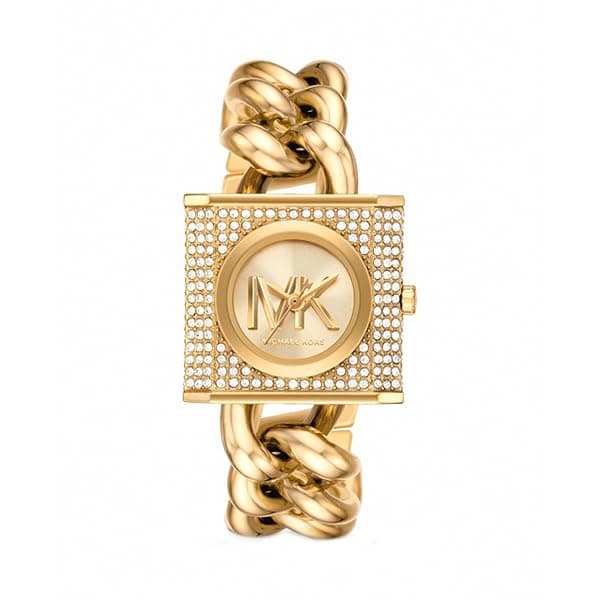 Michael Kors Chain Lock Uhr für Damen, Quarzwerk mit Edelstahl- oder Lederarmband, Gold-Ton, 25MM