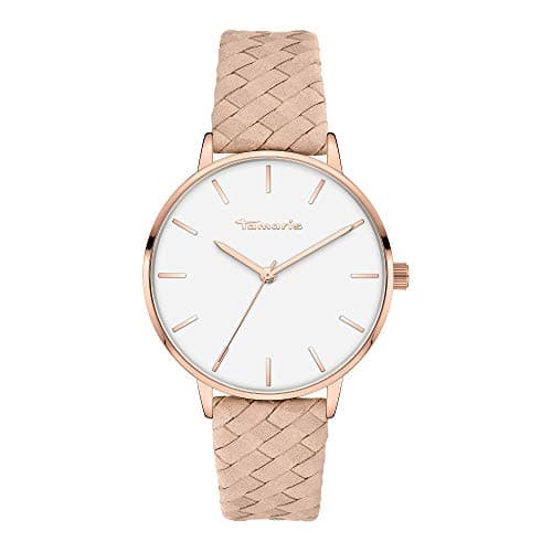 Tamaris Damenuhr mit Lederband - Runde Schlichte Armbanduhr für Damen 36 mm - Armbanduhr - Roségold und Geflochtenes Lederband Beige