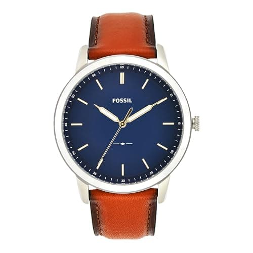 Fossil Minimalist uhr für Herren, Quarzwerk mit Edelstahl- oder Lederarmband, Blau und Braun, 44MM