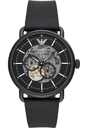 Emporio Armani Herrenuhr, Automatikuhrwerk, 43mm Schwarzes Edelstahlgehäuse mit Lederarmband, AR60028
