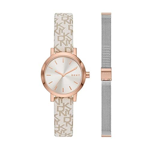 DKNY Damenuhren Soho, Dreizeigeruhrwerk, 28mm Rose Gold Edelstahlgehäuse mit Edelstahlarmband, NY6605SET