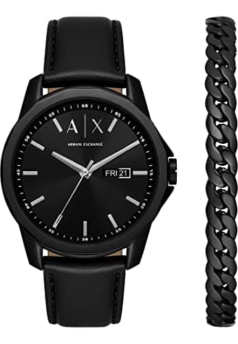 Armani Exchange Herrenuhr, Quarz-Dreizeiger-Datumwerk und 44mm Gehäusegröße mit Edelstahl- oder Lederarmband