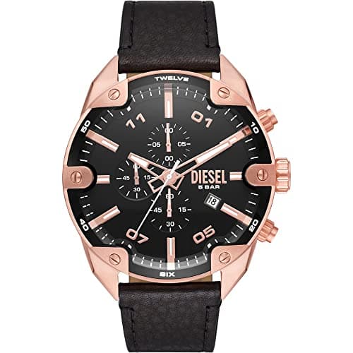 Diesel Herrenuhr Spiked, Chronographenwerk, 49mm Rose Gold Edelstahlgehäuse mit Lederarmband, DZ4607