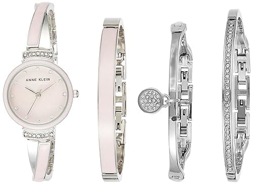 Anne Klein Women's Premium Crystal Accented Bangle Watch Set Silver/Pink