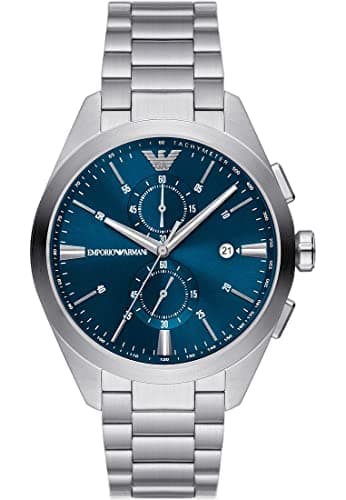 Emporio Armani Watch For Men, 2 sub dial Chronograph Movement and 43mm Case Size with Stainless steel, Leather or Silicone strap Silberton und Aquablau , 43MM