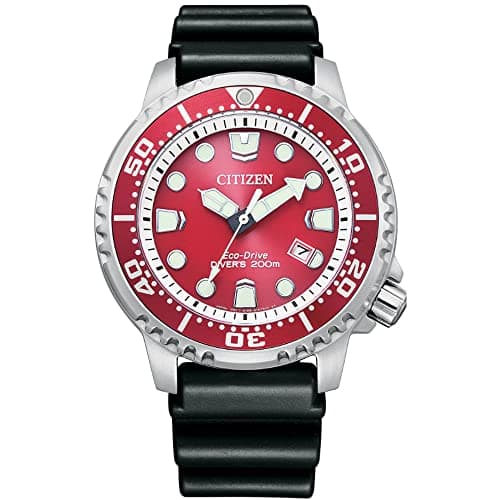 Citizen Promaster Marine Herren Solar Chronograph aus Edelstahl und Polyurethan in der Farbe Silber-Rot-Schwarz 44mm, Wasserdichtigkeit: 20 Bar, BN0159-15X