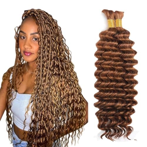Evaxilc 34 34 Inch Deep Wave Human Hair For Braiding Menschliches Haar Unprocessed No Weft Bulk Braiding Hair Extensions For Boho Braids #30 Light Brown Color 2 Bundles Total 100g one pack