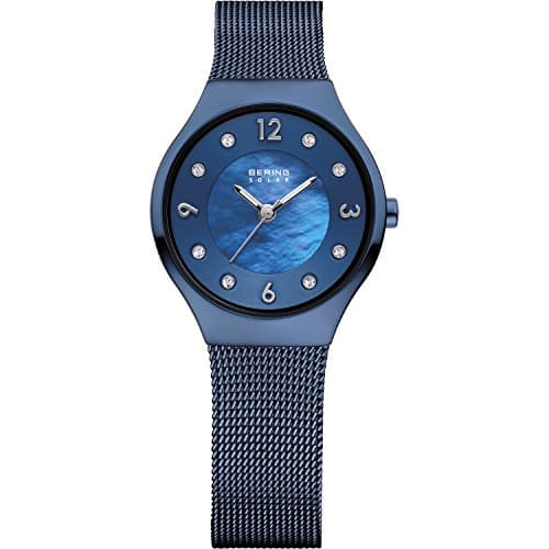 BERING Damen Solar Uhr | Armbanduhr 27 mm blaues Edelstahlgehäuse und blaues Zifferblatt | Milanaisearmband | Saphierglas | 5 ATM | 14427-393