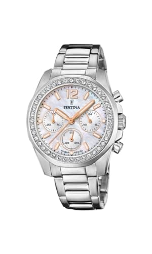 Festina Damen Uhr Analog Edelstahl 316L Silber - Quarz Chronograph - Mineralglas hochresistent - 10 ATM wasserdicht F20606/1 - Boyfriend Collection