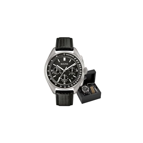 Bulova Chronograph mit schwarzem Zifferblatt und Lederarmband, daneben Uhrenbox mit Wechselarmband