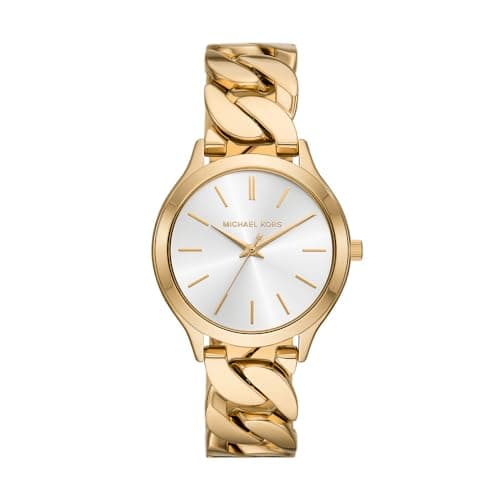 Michael Kors Runway Watch for Women, Quartz Movement with Stainless Steel, Ceramic or Leather Strap Goldton und Weiß, 38MM