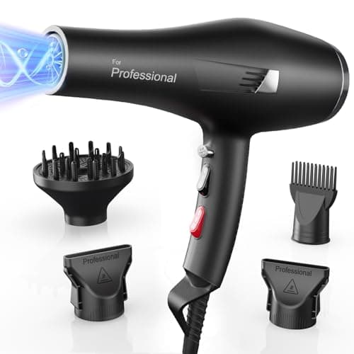 Dekuri Föhn Ionen, Profi Fön Haartrockner Hair Dryer Haarföhn mit 1 Diffusor 2 Stylingdüse, 3 Heiz und 2 Geschwindigkeitsstufen, 1,9 Meter langes Netzkabel (Klassisches Schwarz)