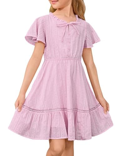 GRACE KARIN Mädchen Rundhal Ausschnitt Elastische Taillie Sommer Midi Kleid Mit Rüschenärmel Rosaviolett 10 Jahre