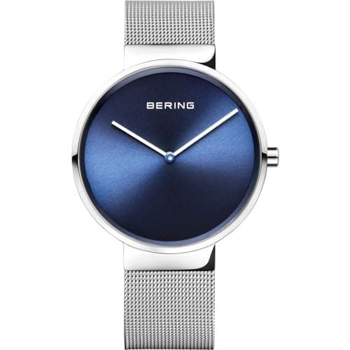 BERING Unisex Quarz Uhr | Armbanduhr 39 mm silbernes Edelstahlgehäuse und blaues Zifferblatt | Milanaisearmband | Saphierglas | 5 ATM | 14539-007