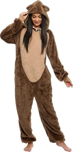 Funziez! Damen Einteiler – schmal Sherpa-Bär-Kostüm – Teddybär Tier Schlafanzug, braun, Small