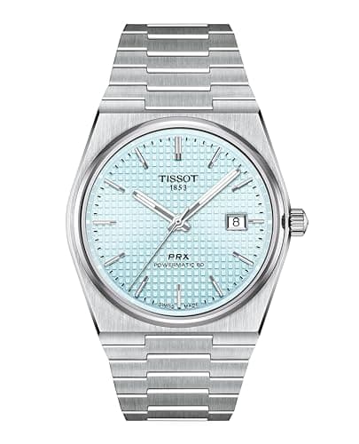 Tissot PRX Armbanduhr aus Edelstahl mit hellblauem Zifferblatt, Datumsfenster, weißer Hintergrund
