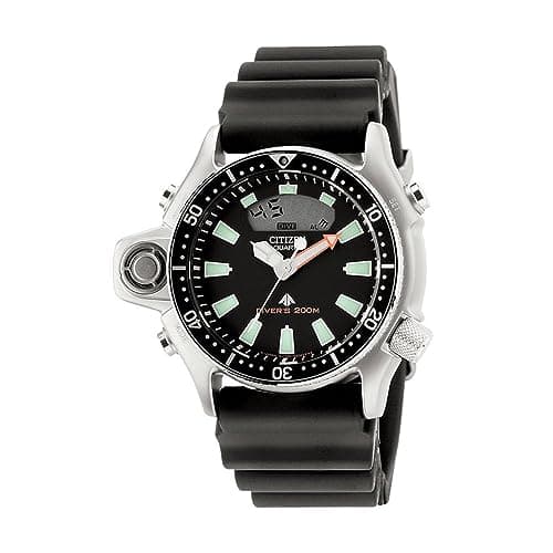 Citizen Taucheruhr mit schwarzem Zifferblatt, Drehlünette und schwarzem Kautschukarmband vor weißem Hintergrund