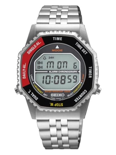 Seiko SMGG19P1 Herren Digitaluhr mit schwarzem und rotem Zifferblatt und silbernem Armband