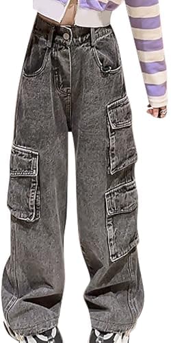 Maeau Cargo Jeans für Kinder Mädchen 5-6 Jahre - Weites Bein, Baggy Stil, Teenager Denim Hose, Gerades Bein, Loose Fit, Elastischer Bund, Freizeithose, Lange Schwarz