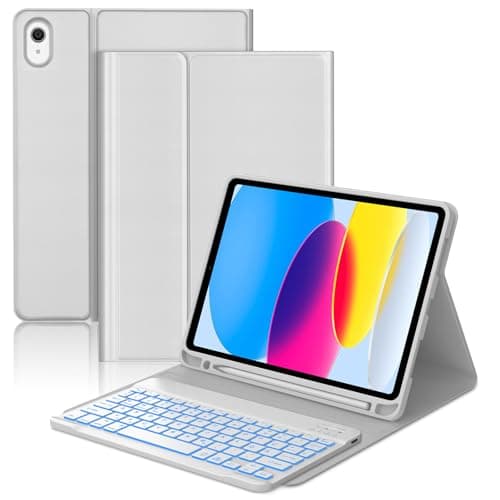 Occtingkind Hülle mit Tastatur für iPad 11. Gen A16 (2025) & 10. Gen (2022), Deutsch QWERTZ, 7-Farben Beleuchtung ohne Trackpad – Bluetooth Keyboard, 420mAh Akku, Case mit Stiftslot, Steingrau