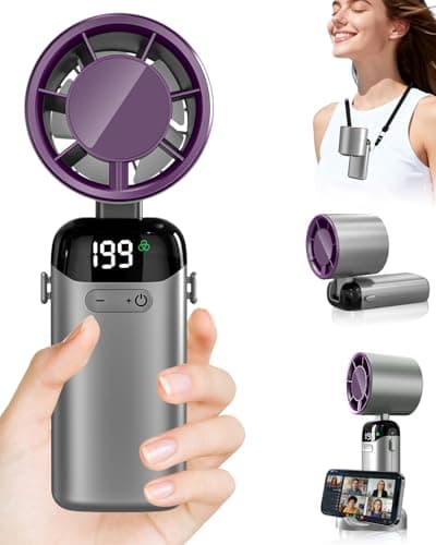 Mini Handventilator Akku Aufladbar mit Turbo, 199 Stufenlos & LED-Display, 10 Std. von 3500mAH, USB-C Portable Fan mit Umhängeband, als Handyhalter, für Frauen/Männer/ Kinder/Reisen/Schlafzimmer/Büro