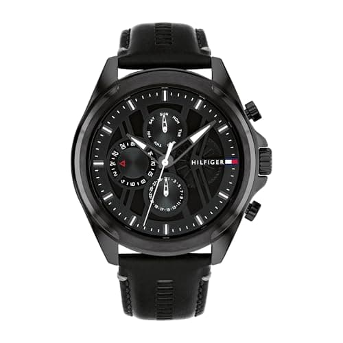 Tommy Hilfiger Multi Zifferblatt Quarz Uhr für Herren mit Schwarzes Lederarmband - 1710654