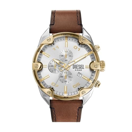 Diesel Spiked Uhr für Herren, Chronographenwerk mit Silikon-, Edelstahl- oder Lederarmband, Braun und silberfarben, 49MM