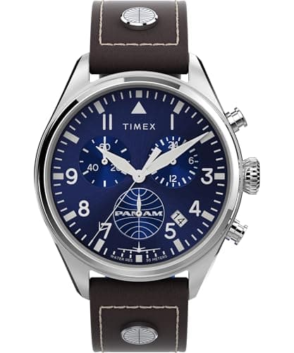 Timex Timex Chronograph Herren-Armbanduhr, 42 mm, braunes, zweiteiliges Lederarmband, blaues Zifferblatt, Edelstahlgehäuse TWG030000