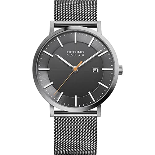 BERING Herren Solar Uhr | Armbanduhr 39 mm silbernes Edelstahlgehäuse und graues Zifferblatt | Milanaisearmband | Saphierglas | 10 ATM | 15439-377