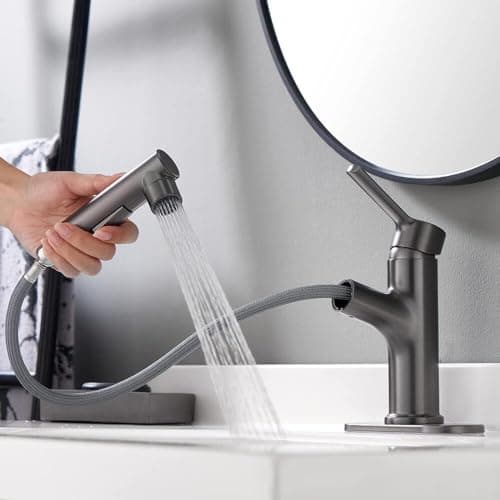 LAZ Home, Waschbeckenarmatur mit herausziehbarem Sprühkopf, Einloch, Einhandmischer, Wasserhahn, herausziehbarer Wasserfall, drehbarer Auslauf, breite Ablaufmontage (Grau, Regulär)