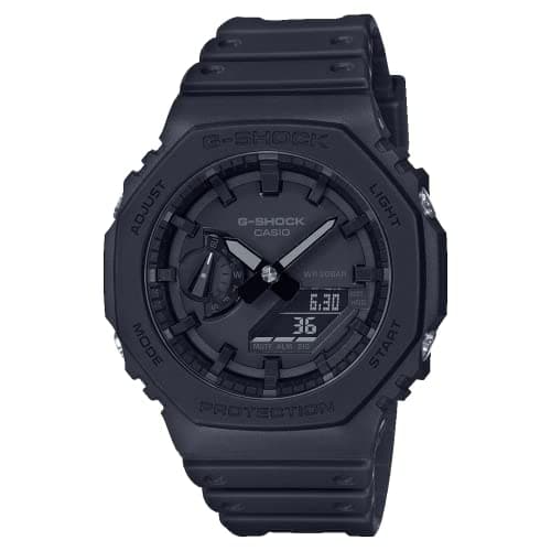 Schwarze Casio G-Shock Armbanduhr mit Analog- und Digitalanzeige, Kunststoffarmband, vor weißem Hintergrund