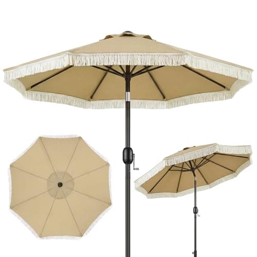 OLILAWN Sonnenschirm mit Fransen Ø200 cm, UV-Schutz Gartenschirm, Balkonschirm rund mit Kurbel & Knickfunktion, Sonnenschutz für Balkon Terrasse Garten Strand Pool, Khaki, ohne Ständer