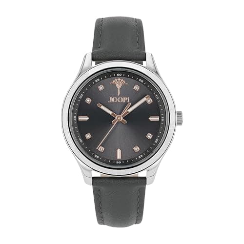 Joop! - Damen Quarz Armbanduhr - Edelstahl Gehäuse in Silber - Kalb Leder Armband in Grau - Wasserdicht 5 Bar - mit Kristall - JOO-W0005