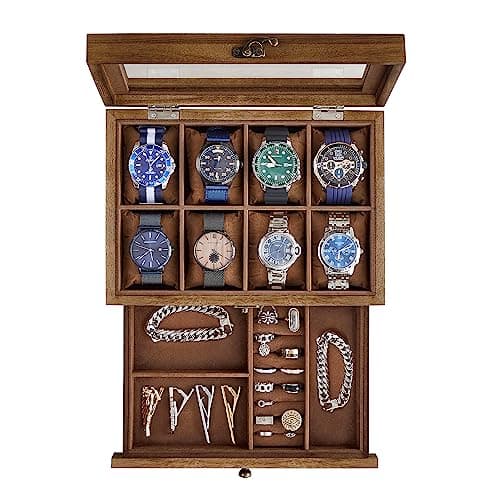 Geöffnete Uhrenbox aus Holz mit acht Armbanduhren und Schmuckschublade, Draufsicht