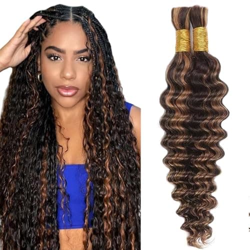 Evaxilc 34 34 Inch Deep Wave Human Hair For Braiding Menschliches Haar Unprocessed No Weft Bulk Braiding Hair Extensions For Boho Braids P430 Highlight Brown Color 2 Bundles Total 100g one pack